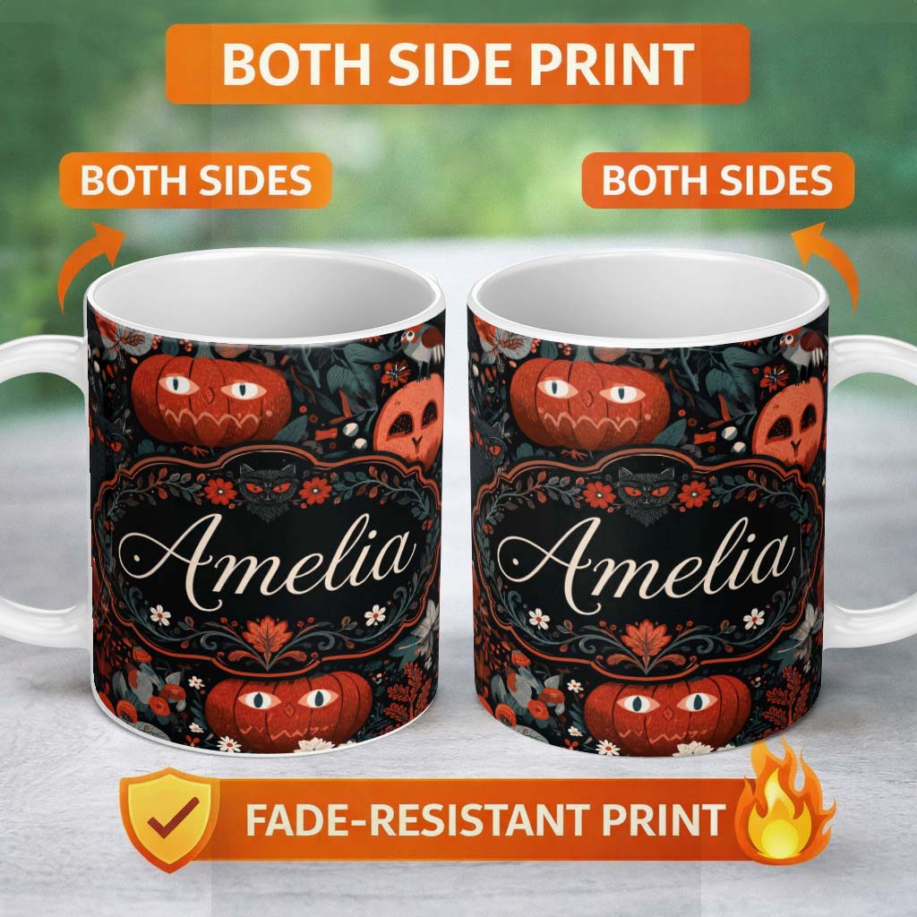 Personalized Custom Name Halloween Black Cat Pumpkin Autumn Leaves Seamless Pattern Name Cute 11oz Ceramic Coffee Tea Mug White Large Handle