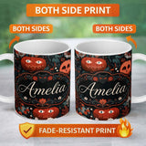 Personalized Custom Name Halloween Black Cat Pumpkin Autumn Leaves Seamless Pattern Name Cute 11oz Ceramic Coffee Tea Mug White Large Handle