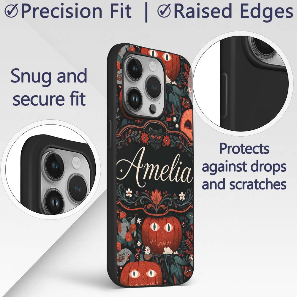 Halloween Black Cat Pumpkin Autumn Printed Design Custom Name Protective Phone Case Mobile Cover Durable Everyday Smartphone Shock Resistant