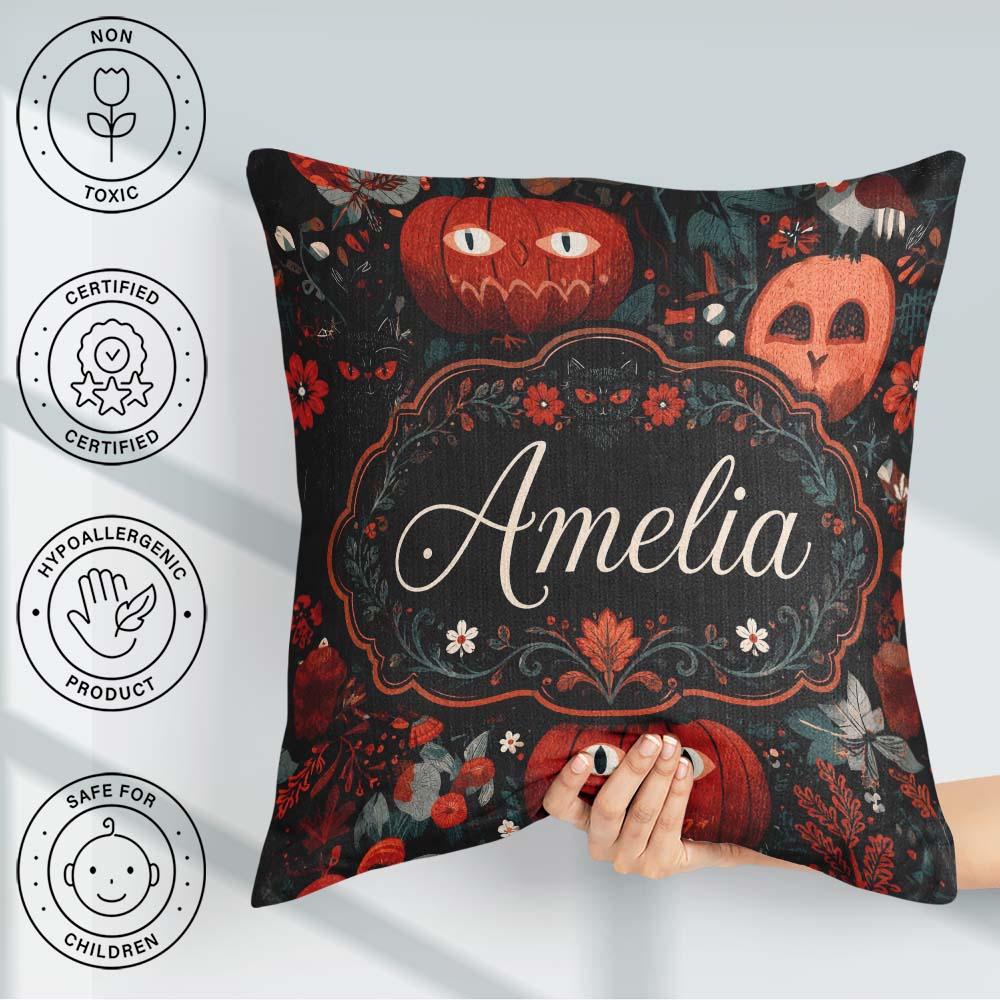 Custom Name Halloween Black Cat Autumn Leaves Seamless Name Cute Square Filled Cushion Throw Pillow Sofa Bed Home Decor Zip Washable UK Made