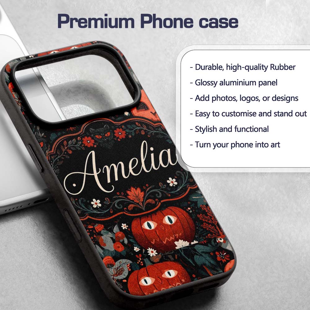 Halloween Black Cat Pumpkin Autumn Printed Design Custom Name Protective Phone Case Mobile Cover Durable Everyday Smartphone Shock Resistant