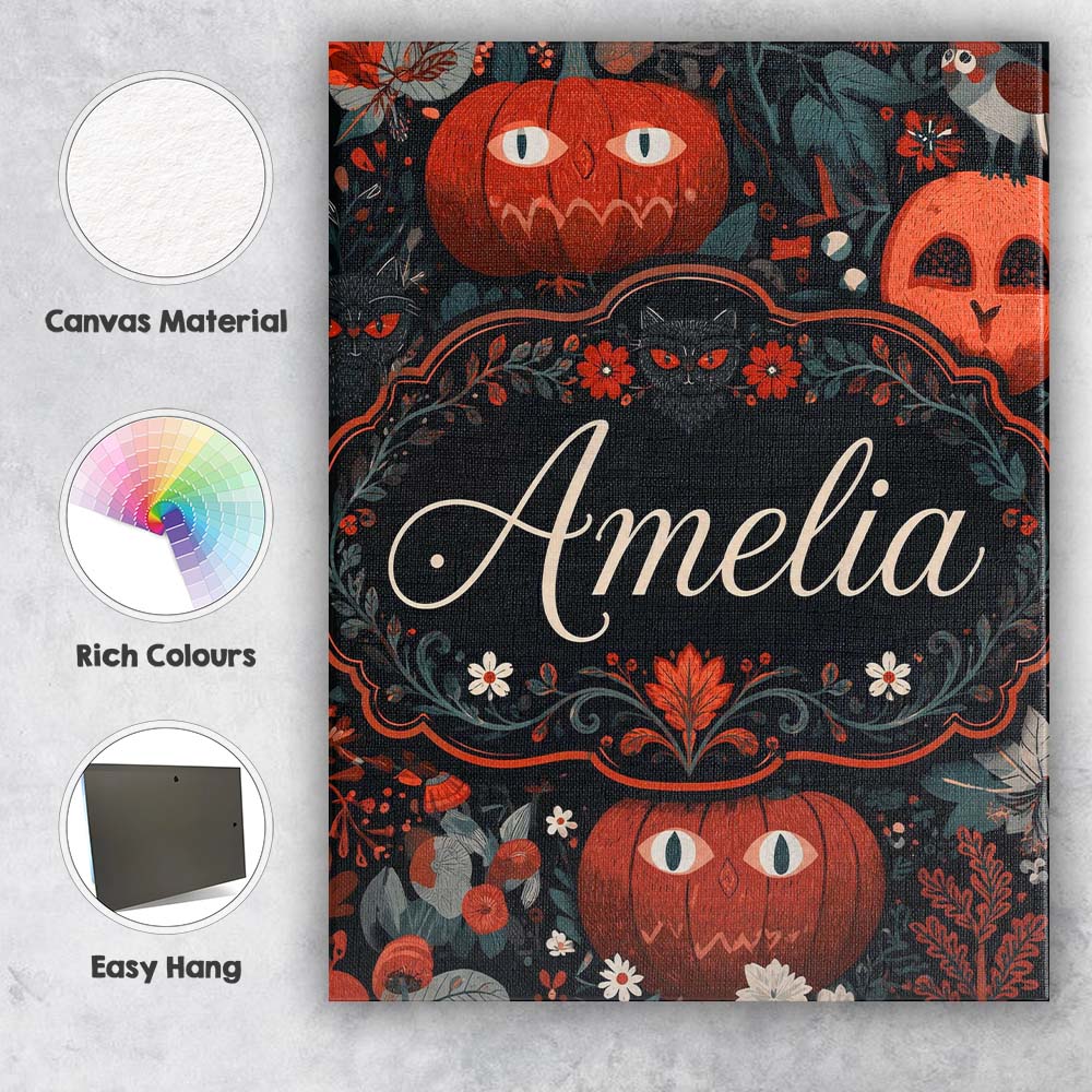 Personalised Name Halloween Black Cat Custom Modern Room Accent Creative Decorator Style Canvas Wall Art Print Decor Picture Ready to Hang