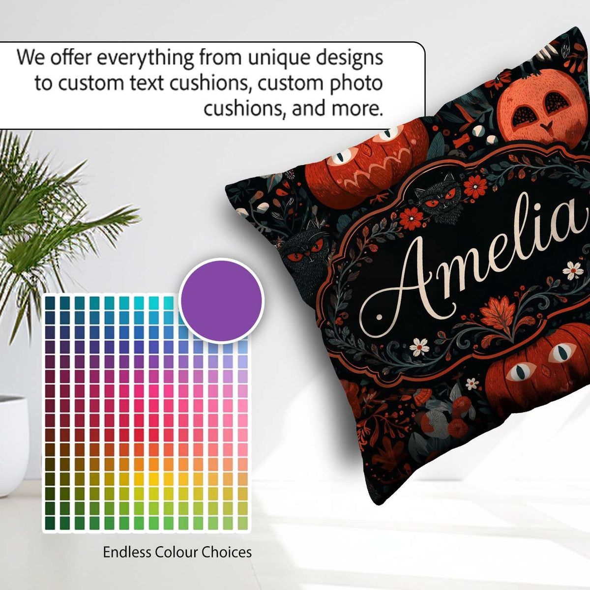 Custom Name Halloween Black Cat Autumn Leaves Seamless Name Cute Square Filled Cushion Throw Pillow Sofa Bed Home Decor Zip Washable UK Made