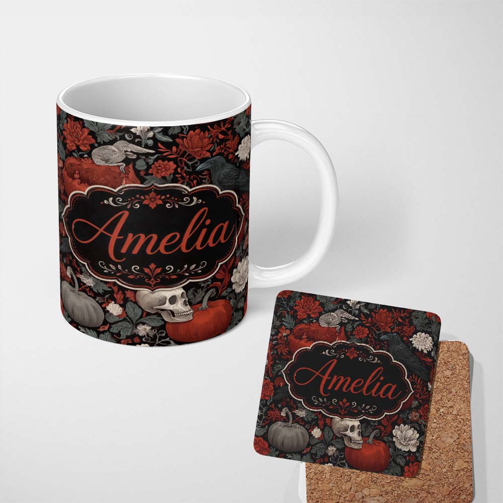 Personalized Custom Name Gothic Raven Skull Pumpkin Floral Dark Seamless Pattern Name Cute 11oz Ceramic Coffee Tea Mug White Large Handle