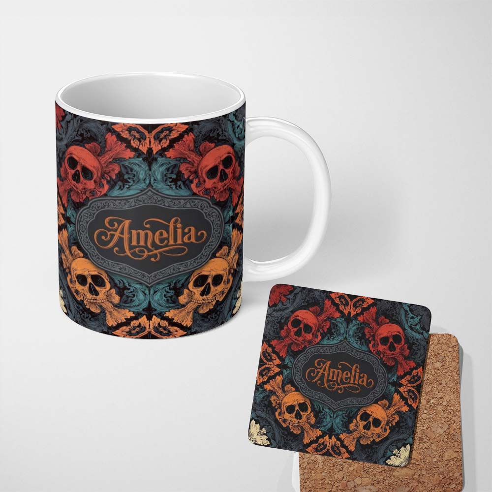 Personalized Custom Name Ornate Skull Floral Symmetry Dark Gothic Seamless Pattern Custom 11oz Ceramic Coffee Tea Mug White Large Handle