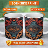 Personalized Custom Name Ornate Skull Floral Symmetry Dark Gothic Seamless Pattern Custom 11oz Ceramic Coffee Tea Mug White Large Handle
