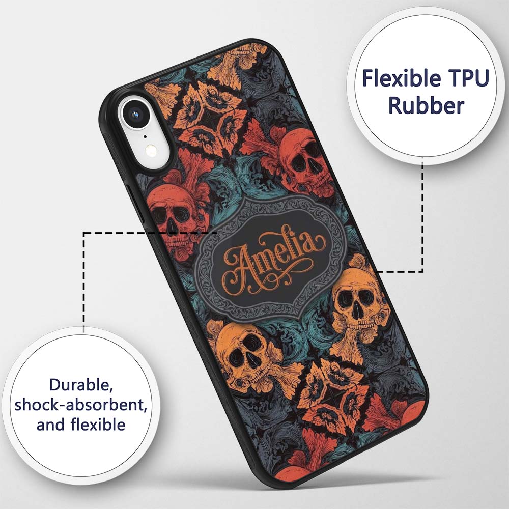 Ornate Skull Floral Symmetry Dark Gothic Seamless Custom Name Protective Phone Case Mobile Cover Durable Everyday Smartphone Shock Resistant