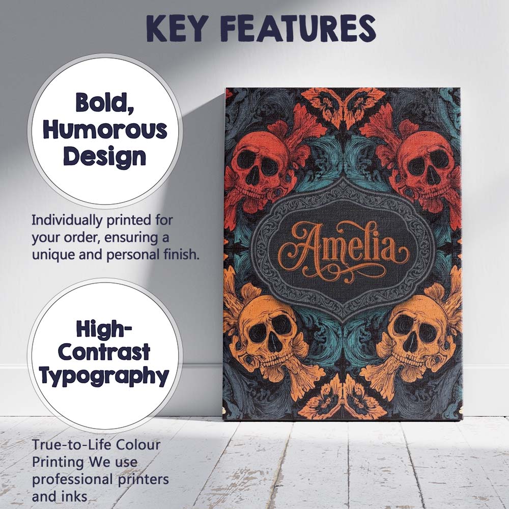 Personalised Name Ornate Skull Floral Custom Modern Room Accent Creative Decorator Style Canvas Wall Art Print Decor Picture Ready to Hang