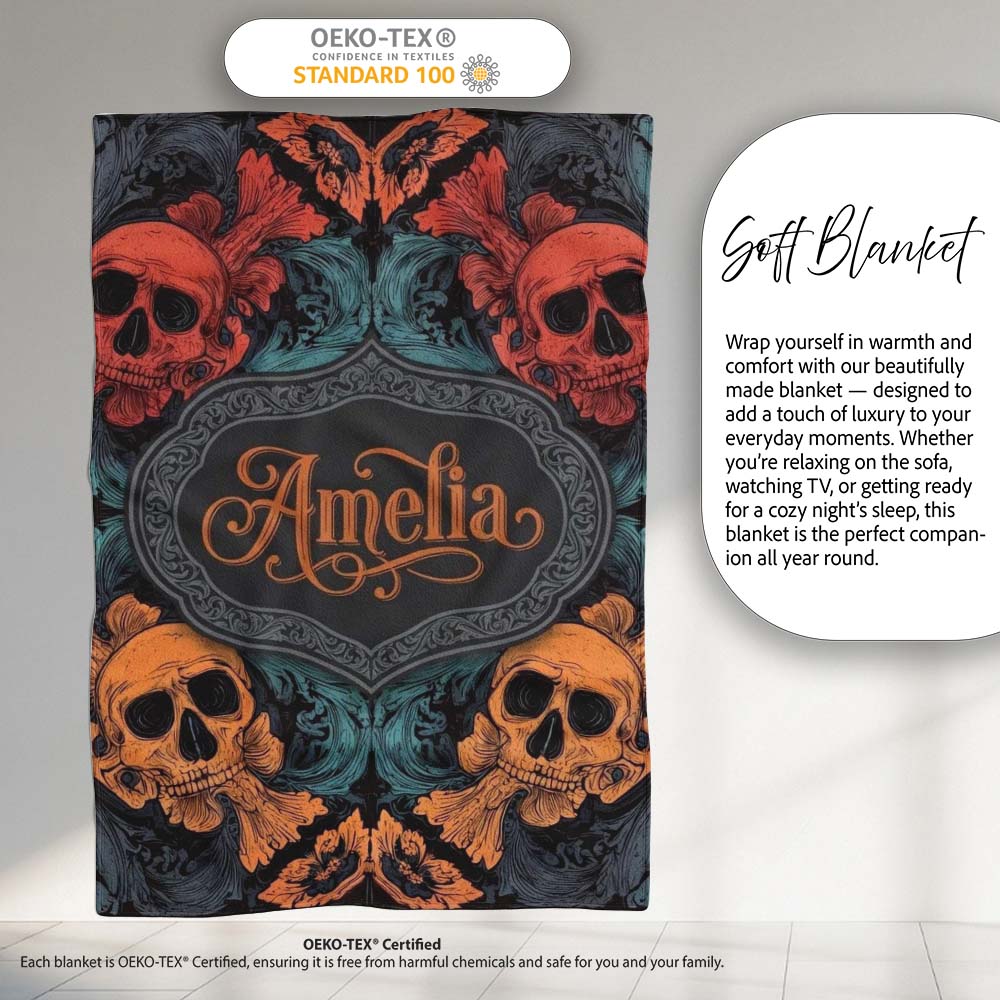 Ornate Skull Floral Symmetry Dark Gothic Seamless Pattern Custom  Personalised Custom Name Super Soft Fleece Blanket Bed Sofa Throw