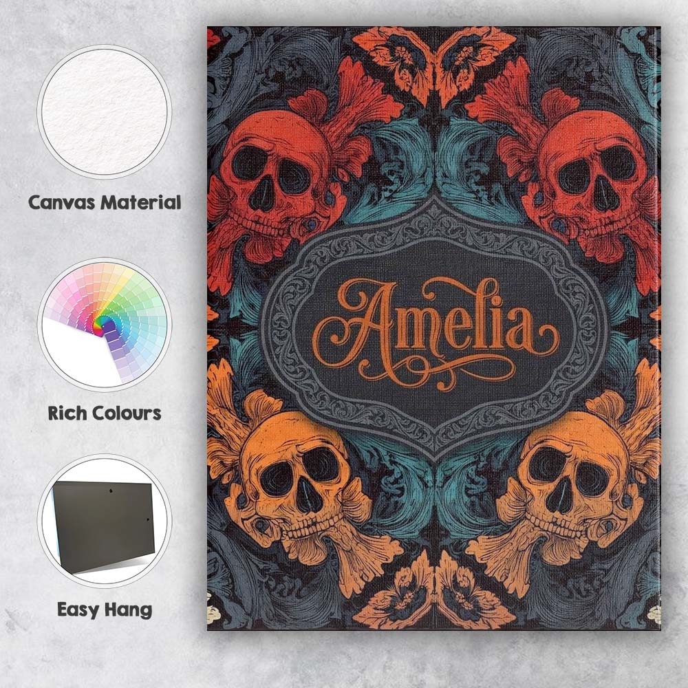 Personalised Name Ornate Skull Floral Custom Modern Room Accent Creative Decorator Style Canvas Wall Art Print Decor Picture Ready to Hang