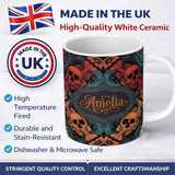 Personalized Custom Name Ornate Skull Floral Symmetry Dark Gothic Seamless Pattern Custom 11oz Ceramic Coffee Tea Mug White Large Handle