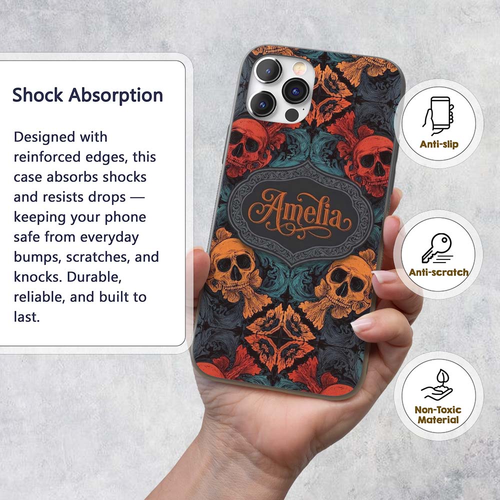 Ornate Skull Floral Symmetry Dark Gothic Seamless Custom Name Protective Phone Case Mobile Cover Durable Everyday Smartphone Shock Resistant