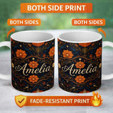 Personalized Custom Name Mystic Night Floral Star Moon Botanical Seamless Pattern Name Cute 11oz Ceramic Coffee Tea Mug White Large Handle