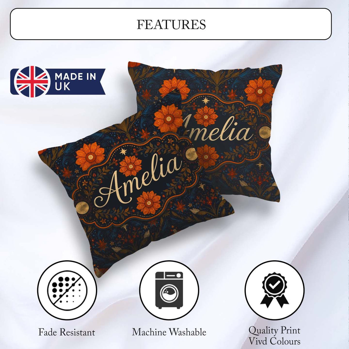 Custom Name Mystic Night Floral Star Moon Botanical Pattern Name Square Filled Cushion Throw Pillow Sofa Bed Home Decor Zip Washable UK Made