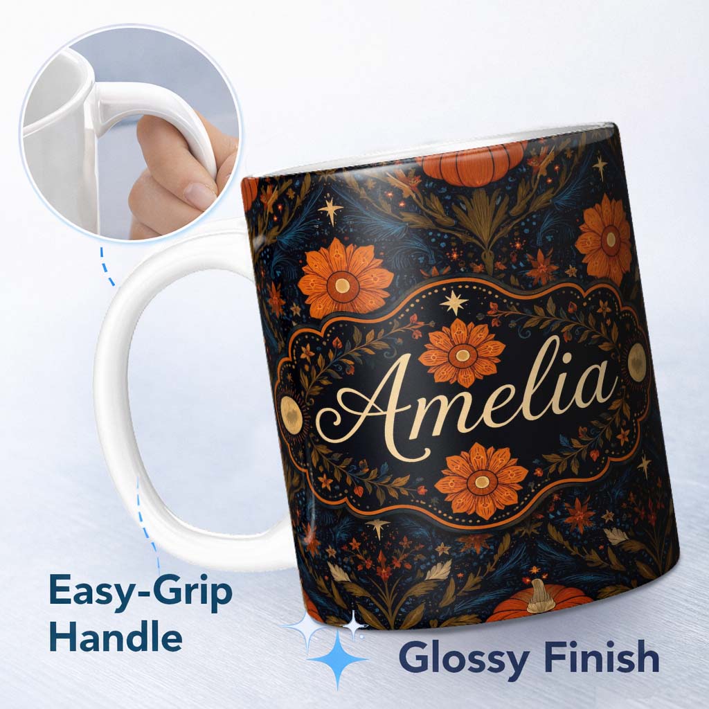 Personalized Custom Name Mystic Night Floral Star Moon Botanical Seamless Pattern Name Cute 11oz Ceramic Coffee Tea Mug White Large Handle
