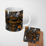 Personalized Custom Name Halloween Skull Raven Botanical Black Orange Seamless Pattern Name 11oz Ceramic Coffee Tea Mug White Large Handle