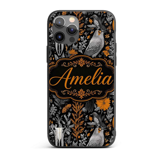 Halloween Skull Raven Botanical Black Orange Custom Name Protective Phone Case Mobile Cover Durable Everyday Smartphone Shock Resistant