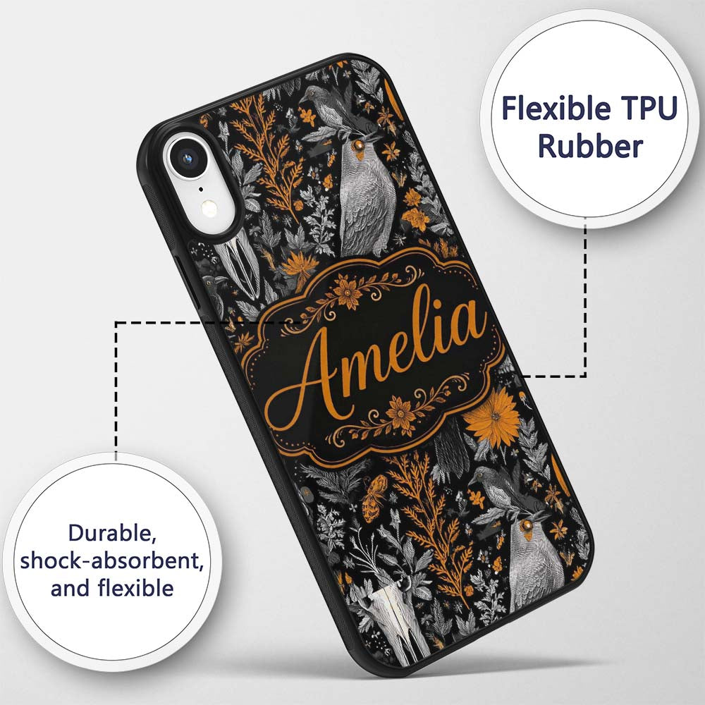 Halloween Skull Raven Botanical Black Orange Custom Name Protective Phone Case Mobile Cover Durable Everyday Smartphone Shock Resistant