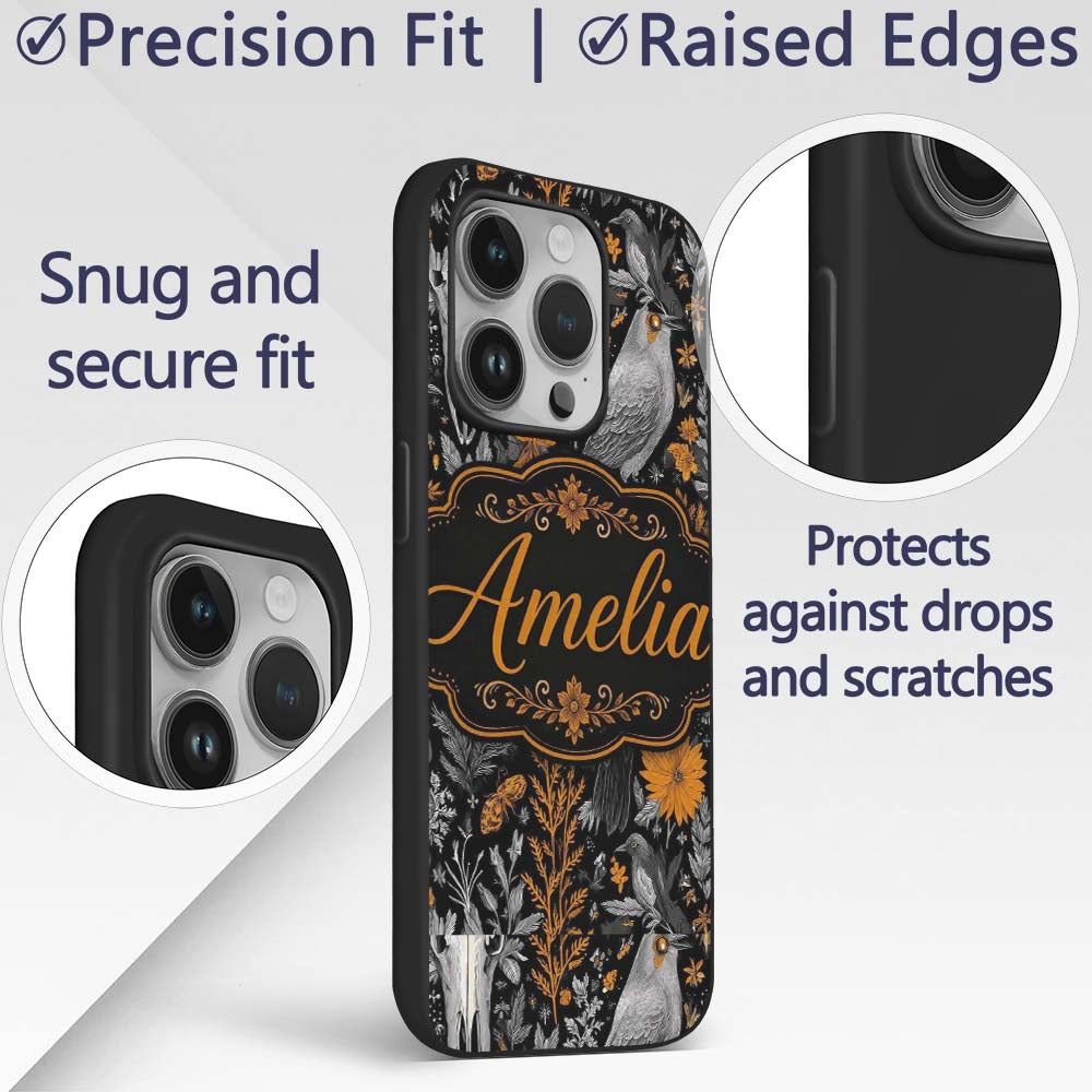 Halloween Skull Raven Botanical Black Orange Custom Name Protective Phone Case Mobile Cover Durable Everyday Smartphone Shock Resistant