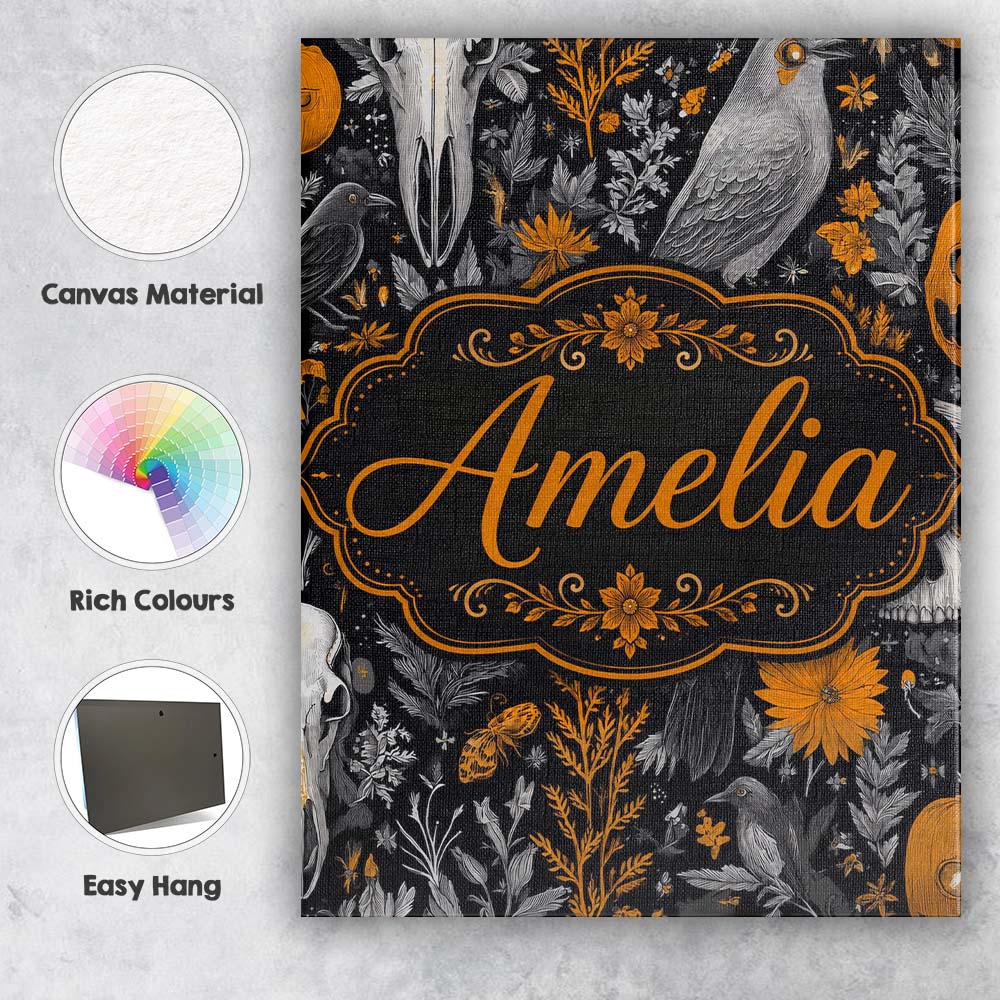 Personalised Name Halloween Skull Raven Custom  Modern Room Accent Elegant Feature Canvas Wall Art Print Decor Picture Ready to Hang