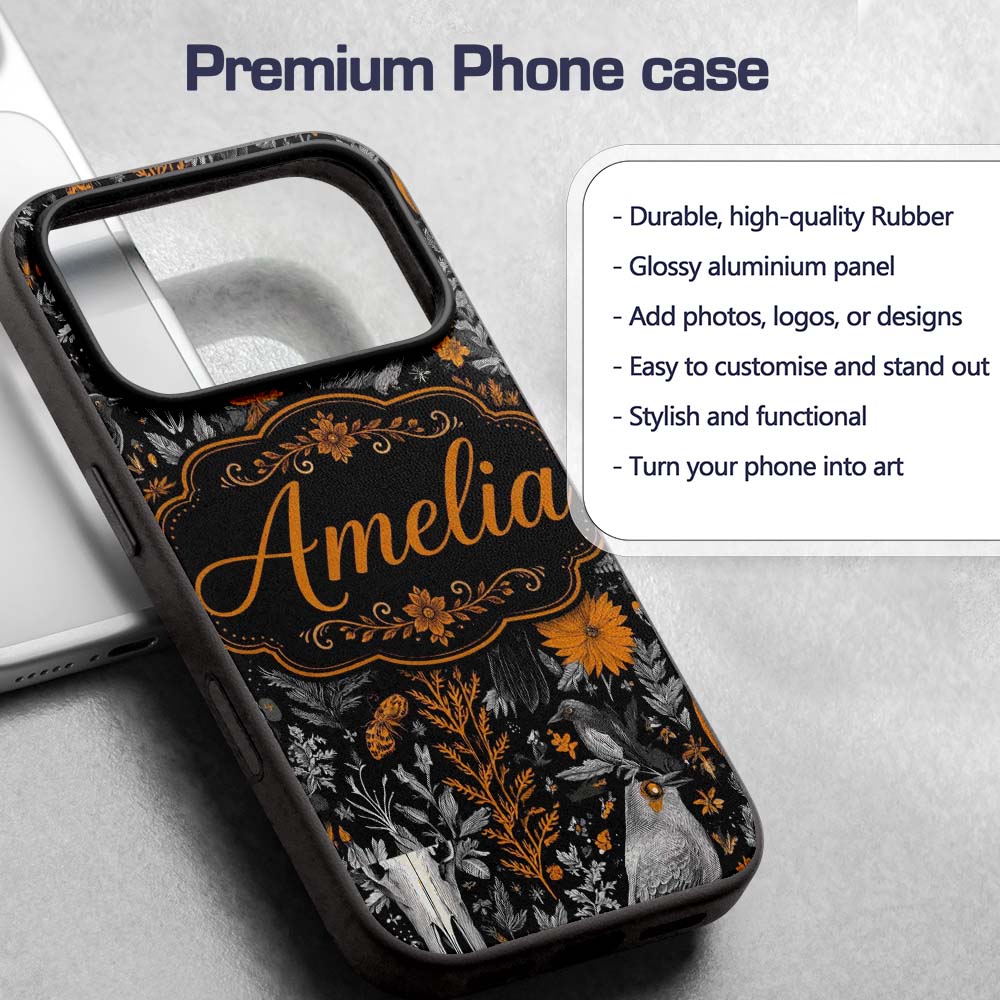 Halloween Skull Raven Botanical Black Orange Custom Name Protective Phone Case Mobile Cover Durable Everyday Smartphone Shock Resistant