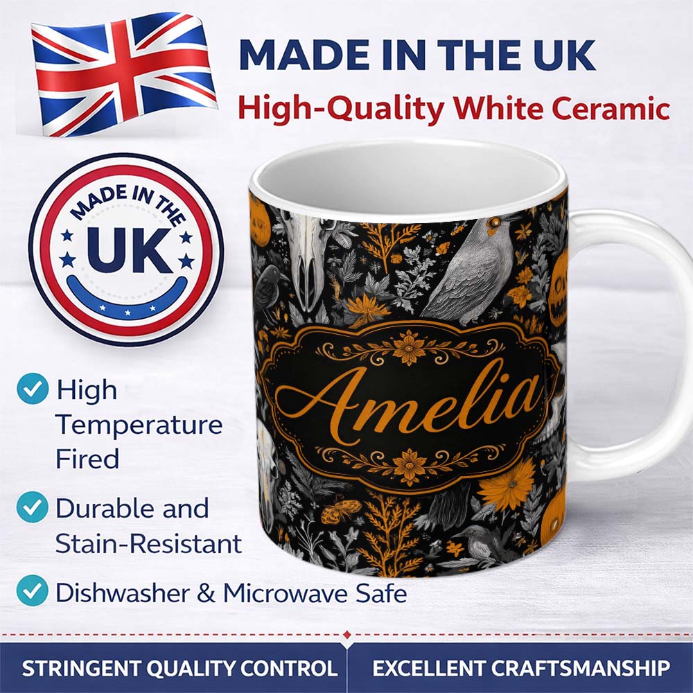 Personalized Custom Name Halloween Skull Raven Botanical Black Orange Seamless Pattern Name 11oz Ceramic Coffee Tea Mug White Large Handle
