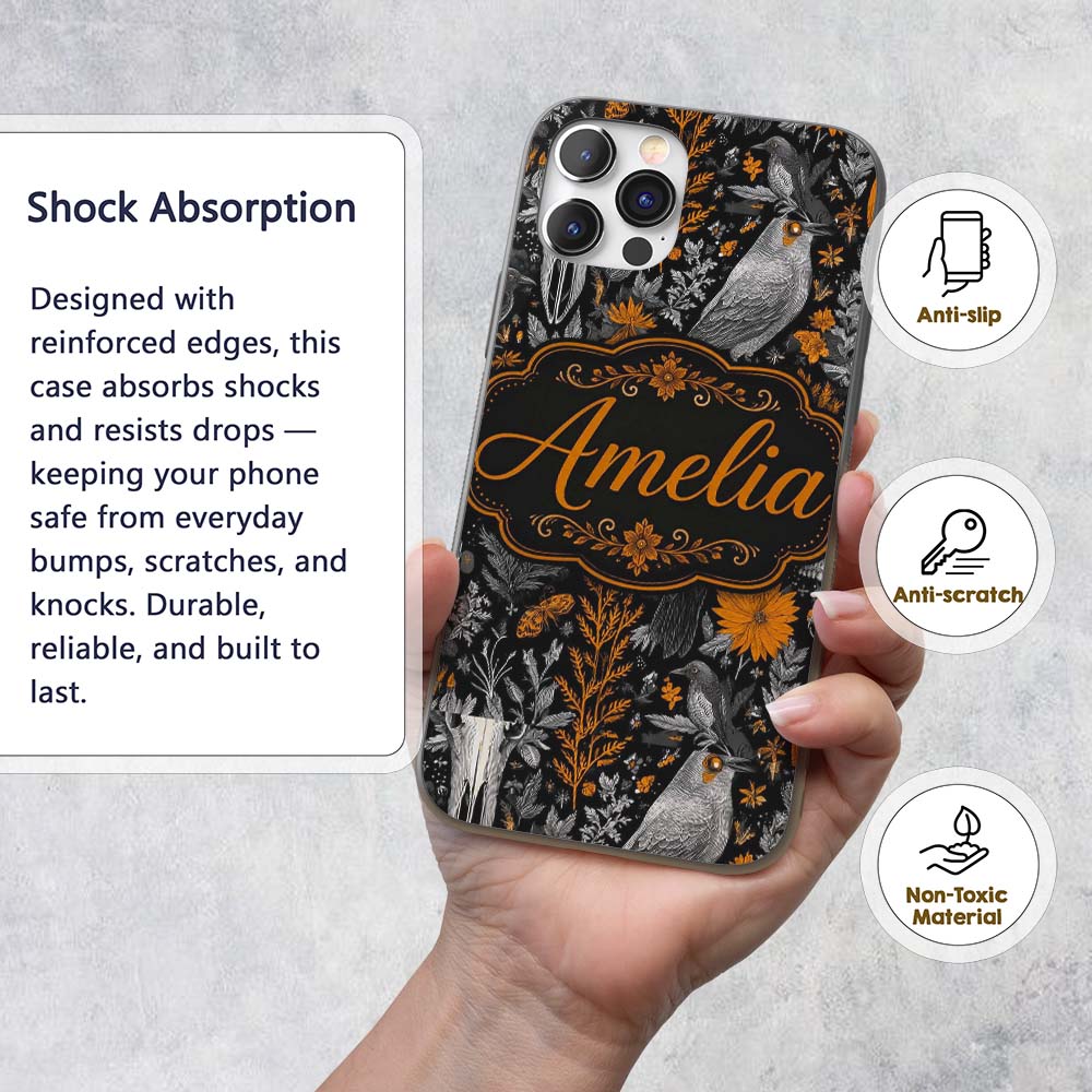 Halloween Skull Raven Botanical Black Orange Custom Name Protective Phone Case Mobile Cover Durable Everyday Smartphone Shock Resistant