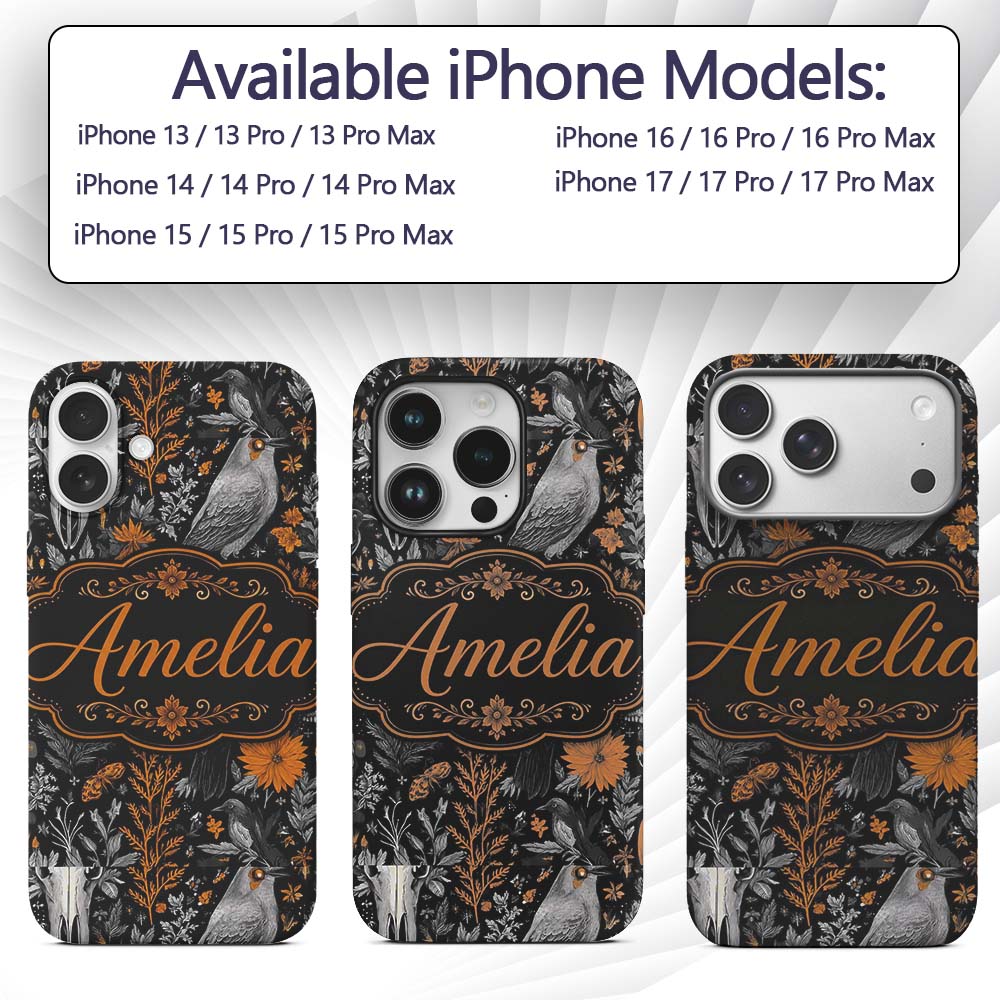 Halloween Skull Raven Botanical Black Orange Custom Name Protective Phone Case Mobile Cover Durable Everyday Smartphone Shock Resistant