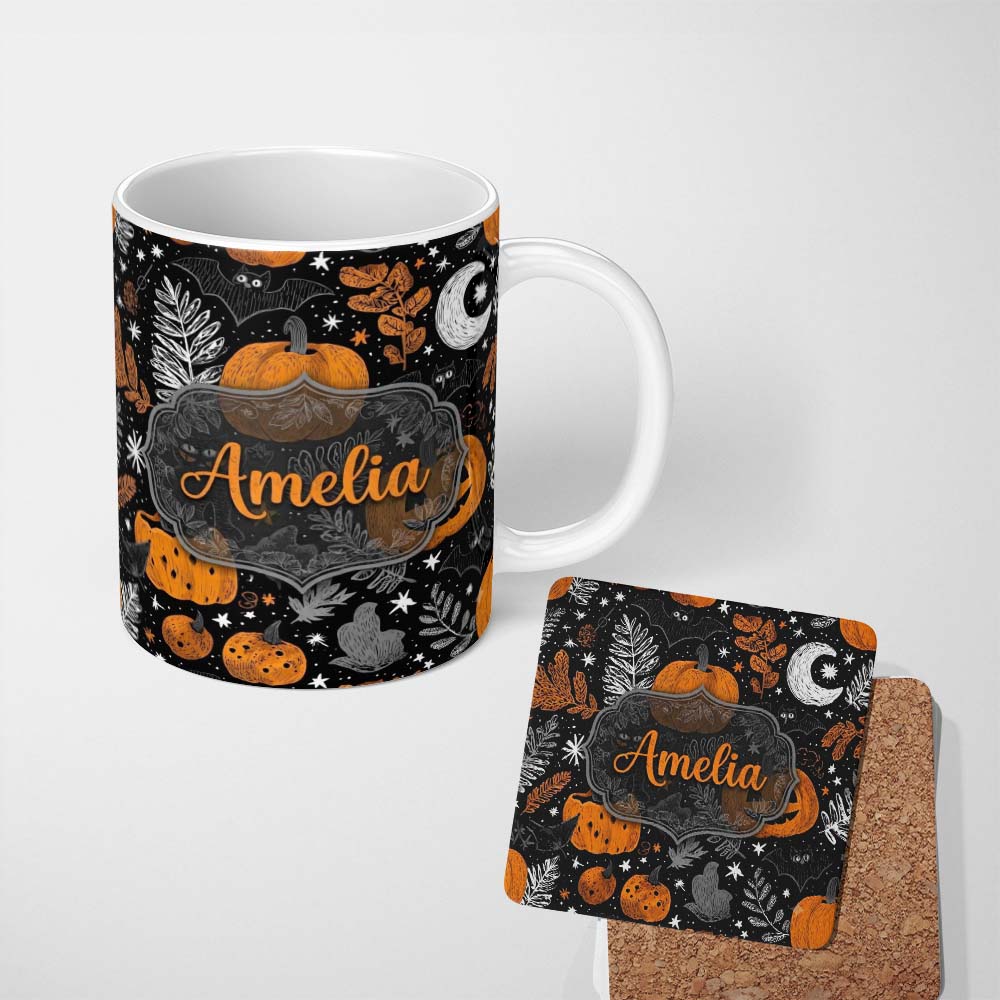 Personalized Custom Name Spooky Pumpkin Cat Bat Night Sky Seamless Pattern Name Cute Unique 11oz Ceramic Coffee Tea Mug White Large Handle