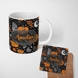 Personalized Custom Name Spooky Pumpkin Cat Bat Night Sky Seamless Pattern Name Cute Unique 11oz Ceramic Coffee Tea Mug White Large Handle