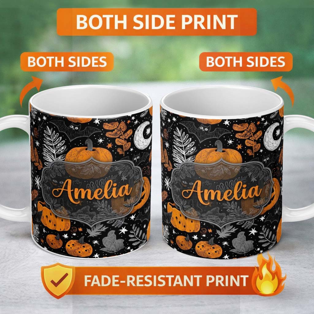 Personalized Custom Name Spooky Pumpkin Cat Bat Night Sky Seamless Pattern Name Cute Unique 11oz Ceramic Coffee Tea Mug White Large Handle