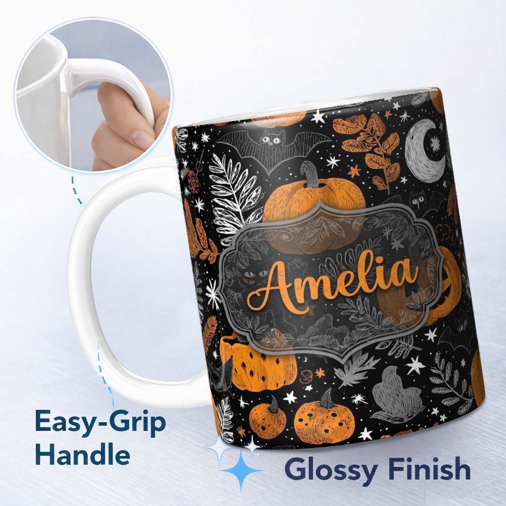 Personalized Custom Name Spooky Pumpkin Cat Bat Night Sky Seamless Pattern Name Cute Unique 11oz Ceramic Coffee Tea Mug White Large Handle