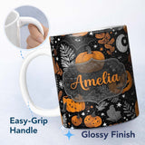 Personalized Custom Name Spooky Pumpkin Cat Bat Night Sky Seamless Pattern Name Cute Unique 11oz Ceramic Coffee Tea Mug White Large Handle
