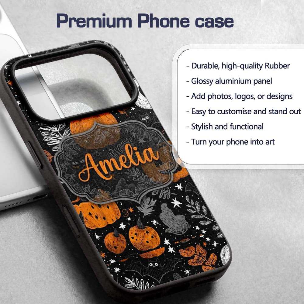 Spooky Pumpkin Cat Bat Night Sky Seamless Pattern Custom Name Protective Phone Case Mobile Cover Durable Everyday Smartphone Shock Resistant