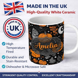 Personalized Custom Name Spooky Pumpkin Cat Bat Night Sky Seamless Pattern Name Cute Unique 11oz Ceramic Coffee Tea Mug White Large Handle