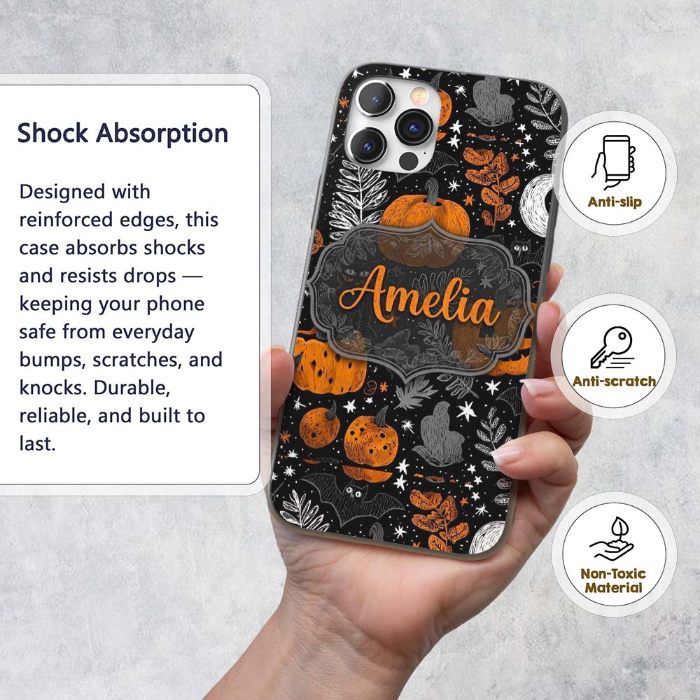 Spooky Pumpkin Cat Bat Night Sky Seamless Pattern Custom Name Protective Phone Case Mobile Cover Durable Everyday Smartphone Shock Resistant