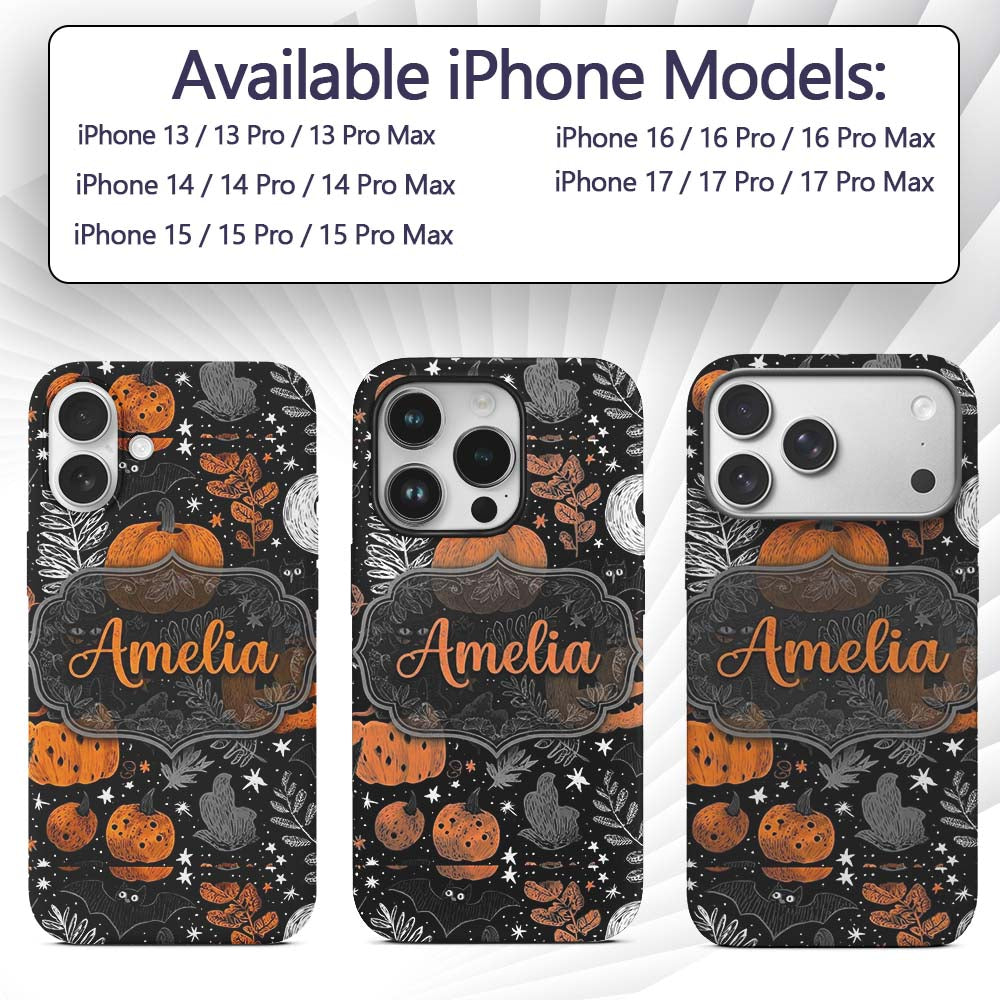 Spooky Pumpkin Cat Bat Night Sky Seamless Pattern Custom Name Protective Phone Case Mobile Cover Durable Everyday Smartphone Shock Resistant