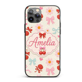 Cute Cherry Bow Daisy Heart Seamless Pattern on Custom Name Protective Phone Case Mobile Cover Durable Everyday Smartphone Shock Resistant