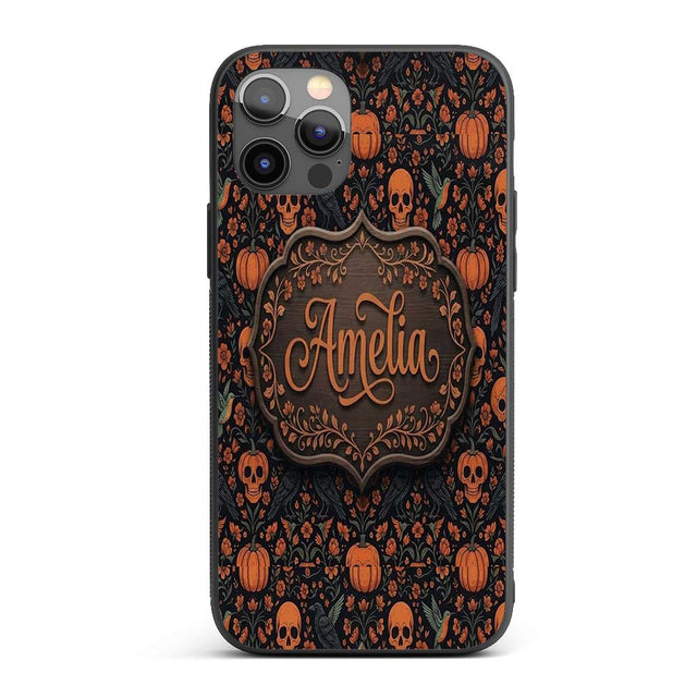 Folk Art Skull Pumpkin Floral Halloween Seamless Custom Name Protective Phone Case Mobile Cover Durable Everyday Smartphone Shock Resistant