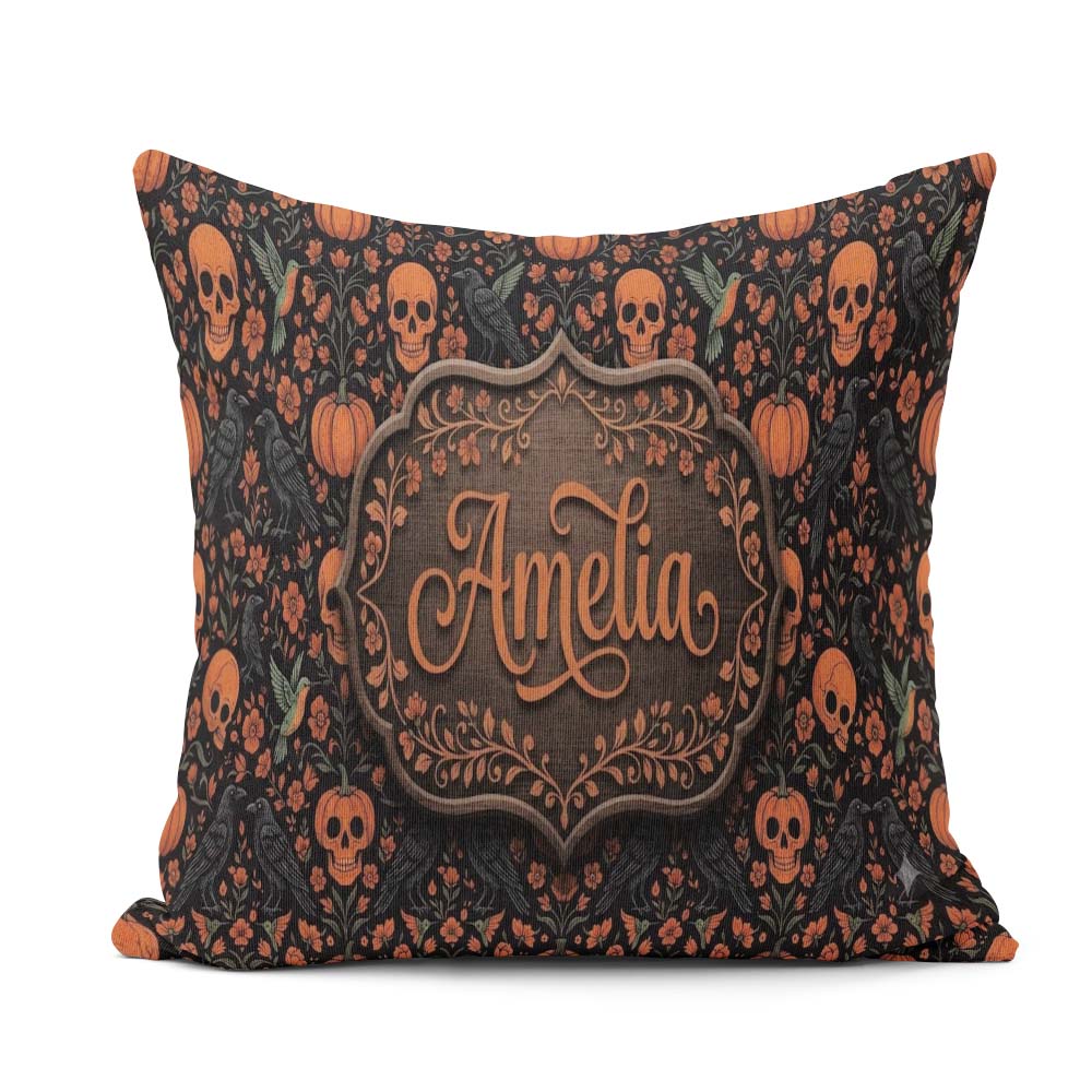 Custom Name Folk Art Skull Pumpkin Floral Halloween Pattern Name Square Filled Cushion Throw Pillow Sofa Bed Home Decor Zip Washable UK Made