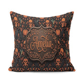 Custom Name Folk Art Skull Pumpkin Floral Halloween Pattern Name Square Filled Cushion Throw Pillow Sofa Bed Home Decor Zip Washable UK Made