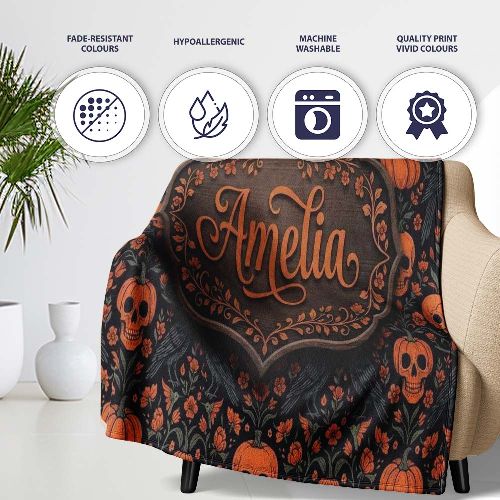 Folk Art Skull Pumpkin Floral Halloween Seamless Pattern Name Cute  Personalised Custom Name Super Soft Fleece Blanket Bed Sofa Throw
