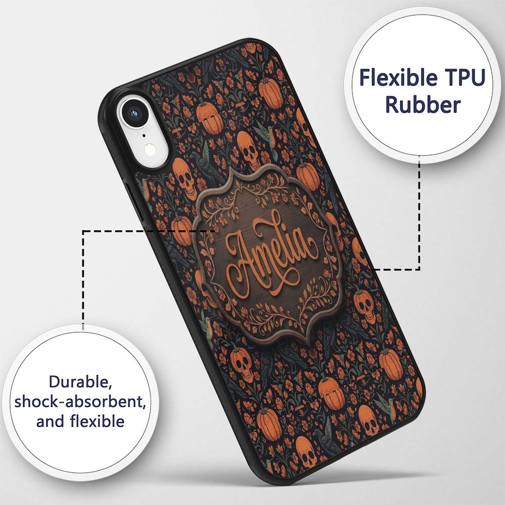 Folk Art Skull Pumpkin Floral Halloween Seamless Custom Name Protective Phone Case Mobile Cover Durable Everyday Smartphone Shock Resistant
