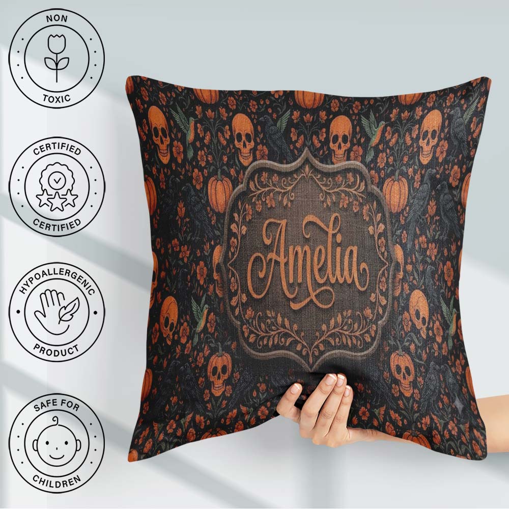 Custom Name Folk Art Skull Pumpkin Floral Halloween Pattern Name Square Filled Cushion Throw Pillow Sofa Bed Home Decor Zip Washable UK Made