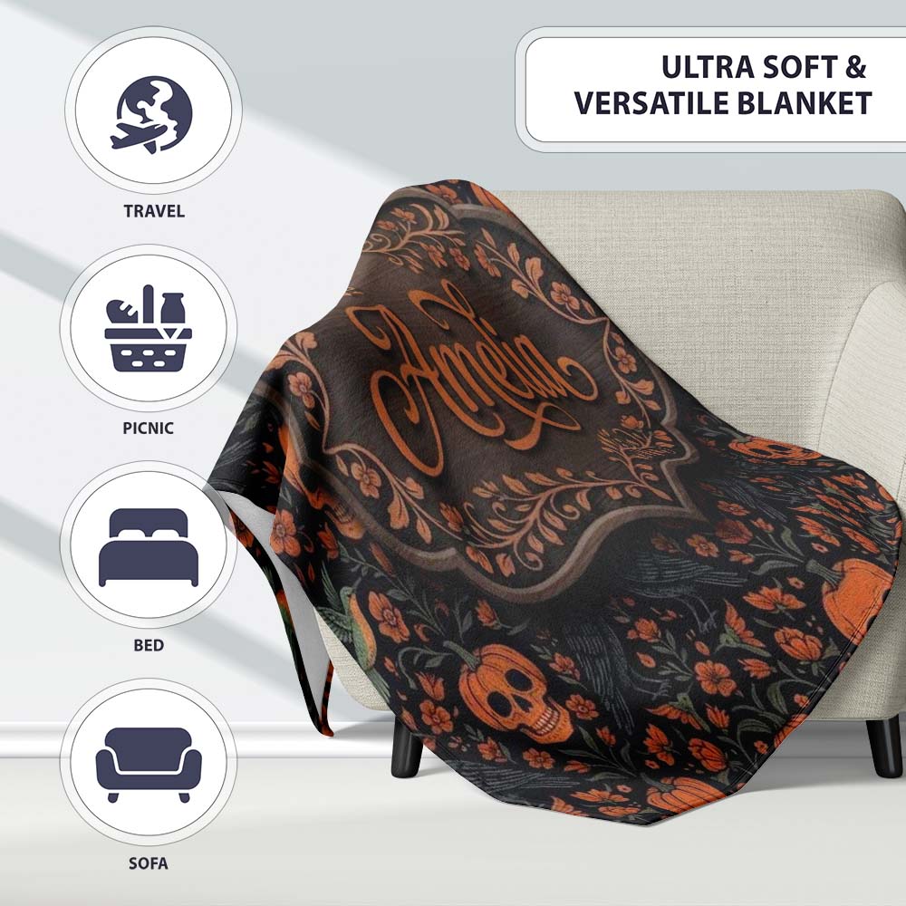 Folk Art Skull Pumpkin Floral Halloween Seamless Pattern Name Cute  Personalised Custom Name Super Soft Fleece Blanket Bed Sofa Throw
