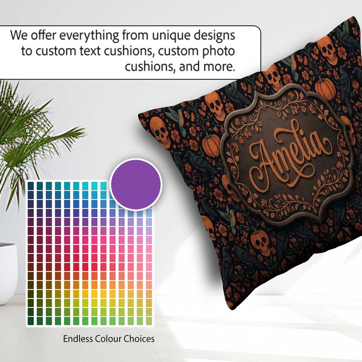 Custom Name Folk Art Skull Pumpkin Floral Halloween Pattern Name Square Filled Cushion Throw Pillow Sofa Bed Home Decor Zip Washable UK Made