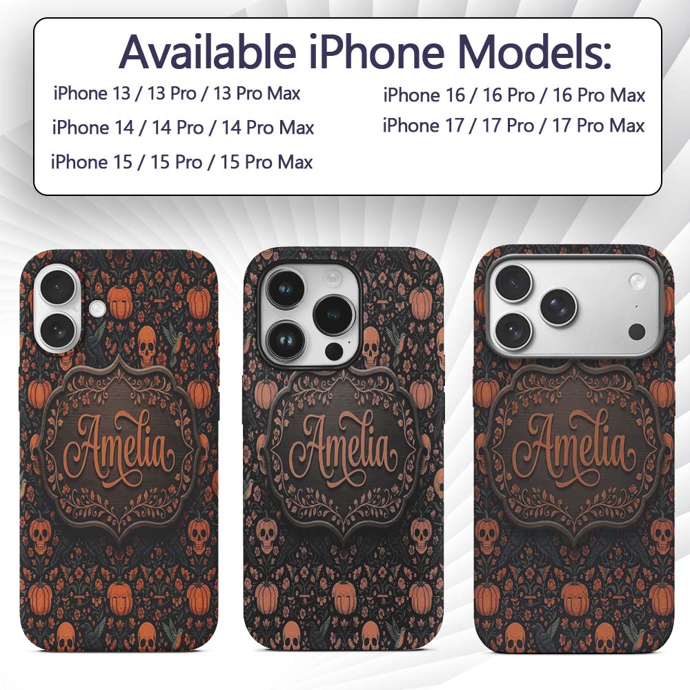 Folk Art Skull Pumpkin Floral Halloween Seamless Custom Name Protective Phone Case Mobile Cover Durable Everyday Smartphone Shock Resistant