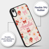 Cute Cherry Bow Daisy Heart Seamless Pattern on Custom Name Protective Phone Case Mobile Cover Durable Everyday Smartphone Shock Resistant