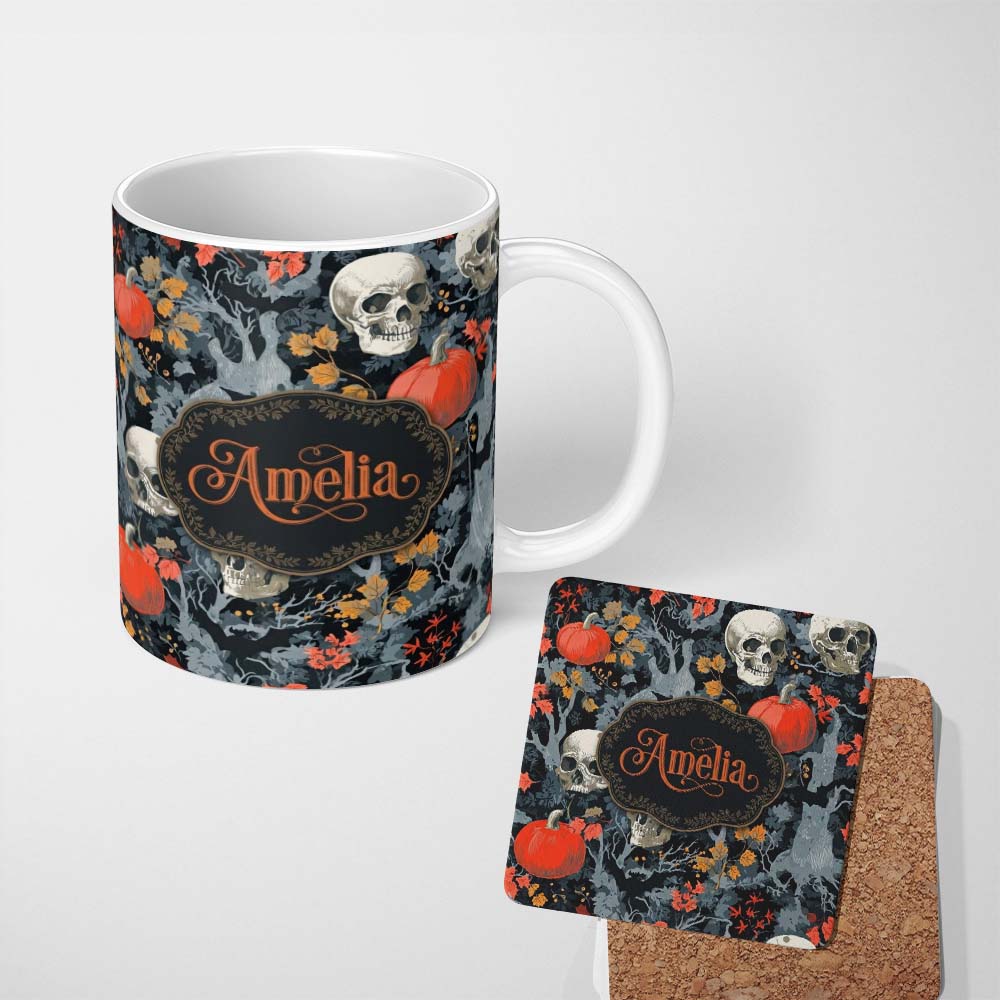 Personalized Custom Name Dark Forest Skull Pumpkin Autumn Leaves Seamless Pattern Name Cute 11oz Ceramic Coffee Tea Mug White Large Handle