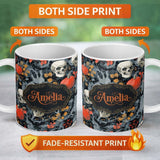 Personalized Custom Name Dark Forest Skull Pumpkin Autumn Leaves Seamless Pattern Name Cute 11oz Ceramic Coffee Tea Mug White Large Handle